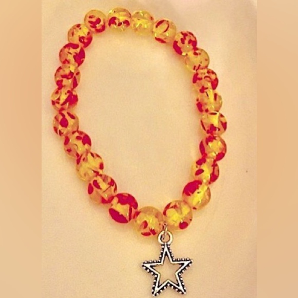 Stretch bracelet faux Baltic Amber round polished beads w/silver star charm